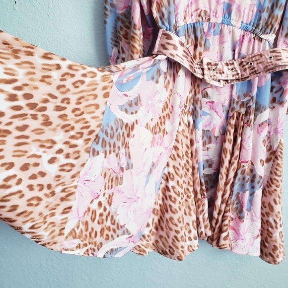 Venus Pink And Blue Floral Leopard Print Long Sleeve Belted Dress - Picture 5 of 10